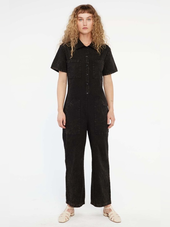 LACAUSA Pants - LACAUSA Black washed short sleeve front pockets XS cotton wide leg jumpsuit